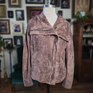 SL8 Brown Moto Jacket Faux Suede Asymmetrical Zip Womens Large Vegan Soft Coat‎